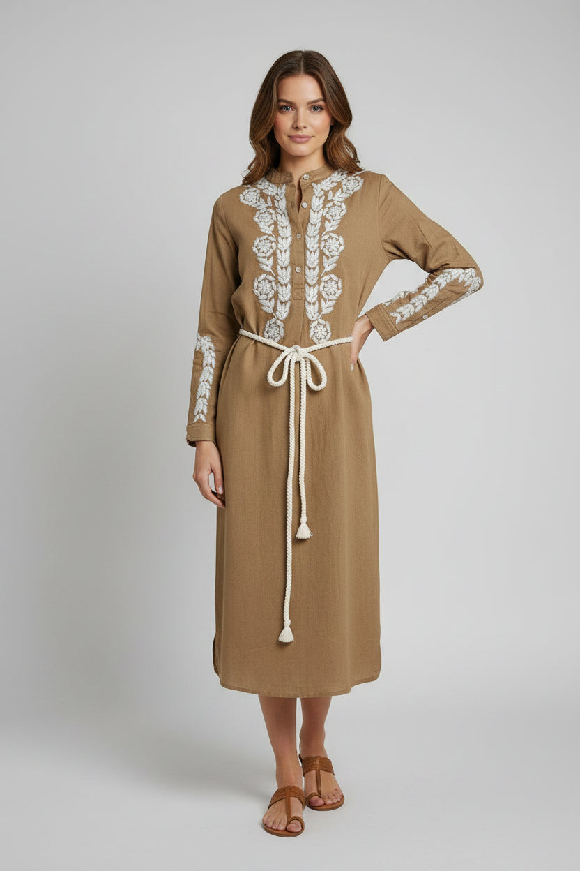 Alex Votò Tan Embroidered Long-Sleeve Maxi Dress with Rope Belt