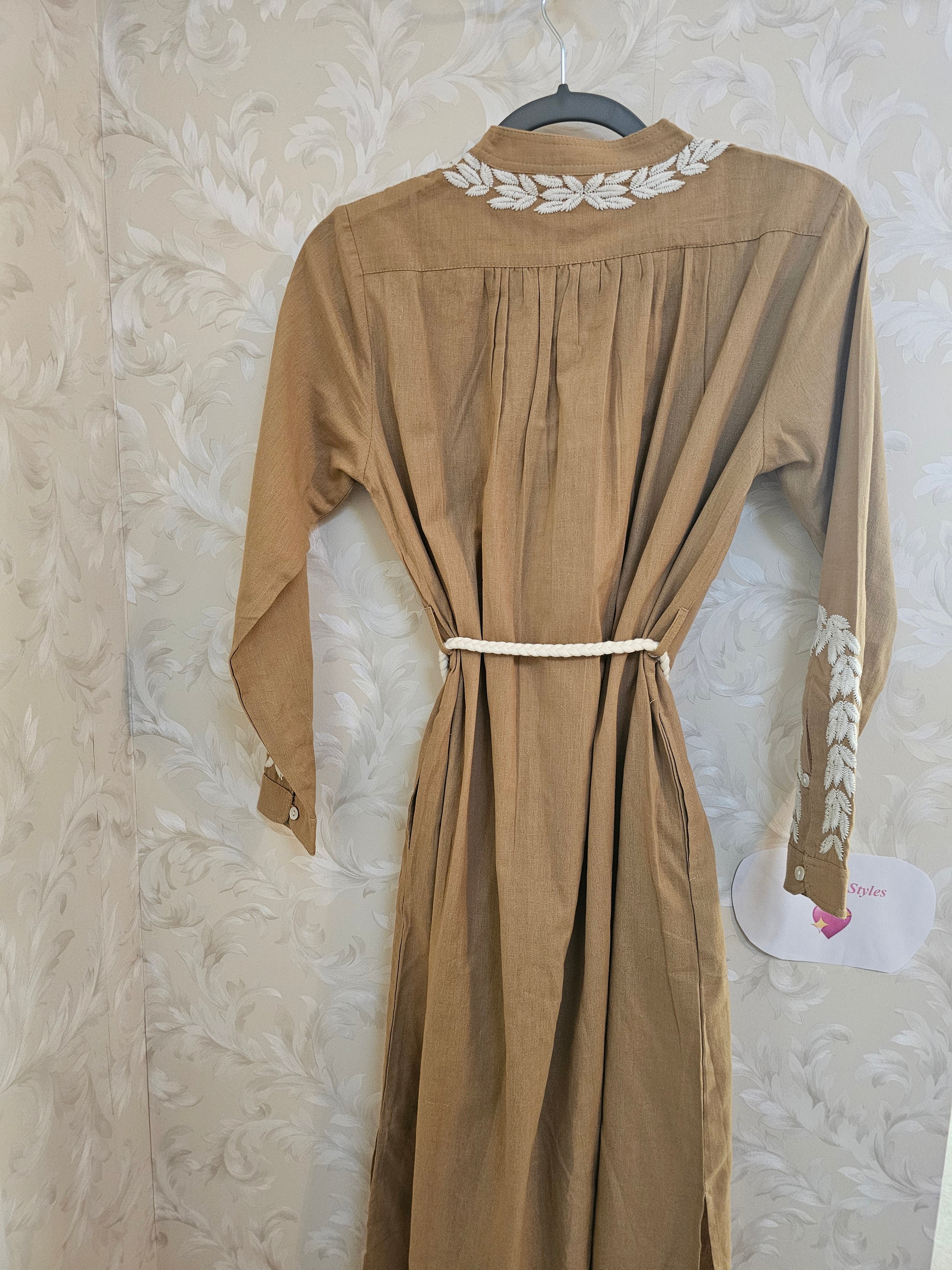 Alex Votò Tan Embroidered Long-Sleeve Maxi Dress with Rope Belt
