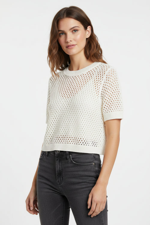 Divided Cream Open-Knit Crewneck Cropped Sweater