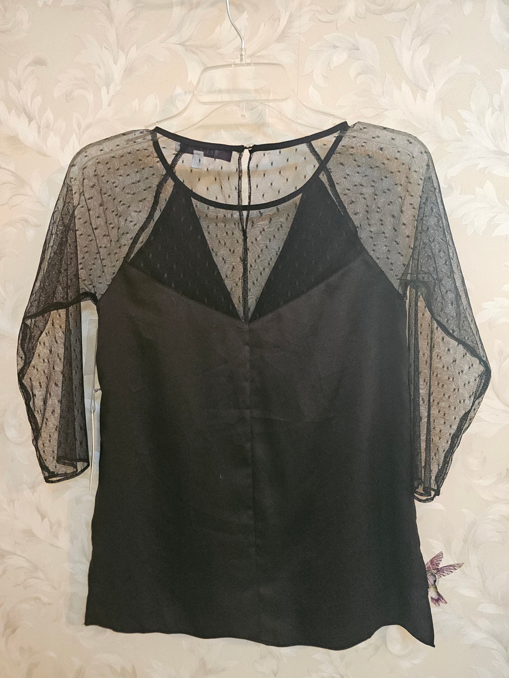 Jennifer Lopez Black Sheer Dot-Sleeve V-Neck Blouse