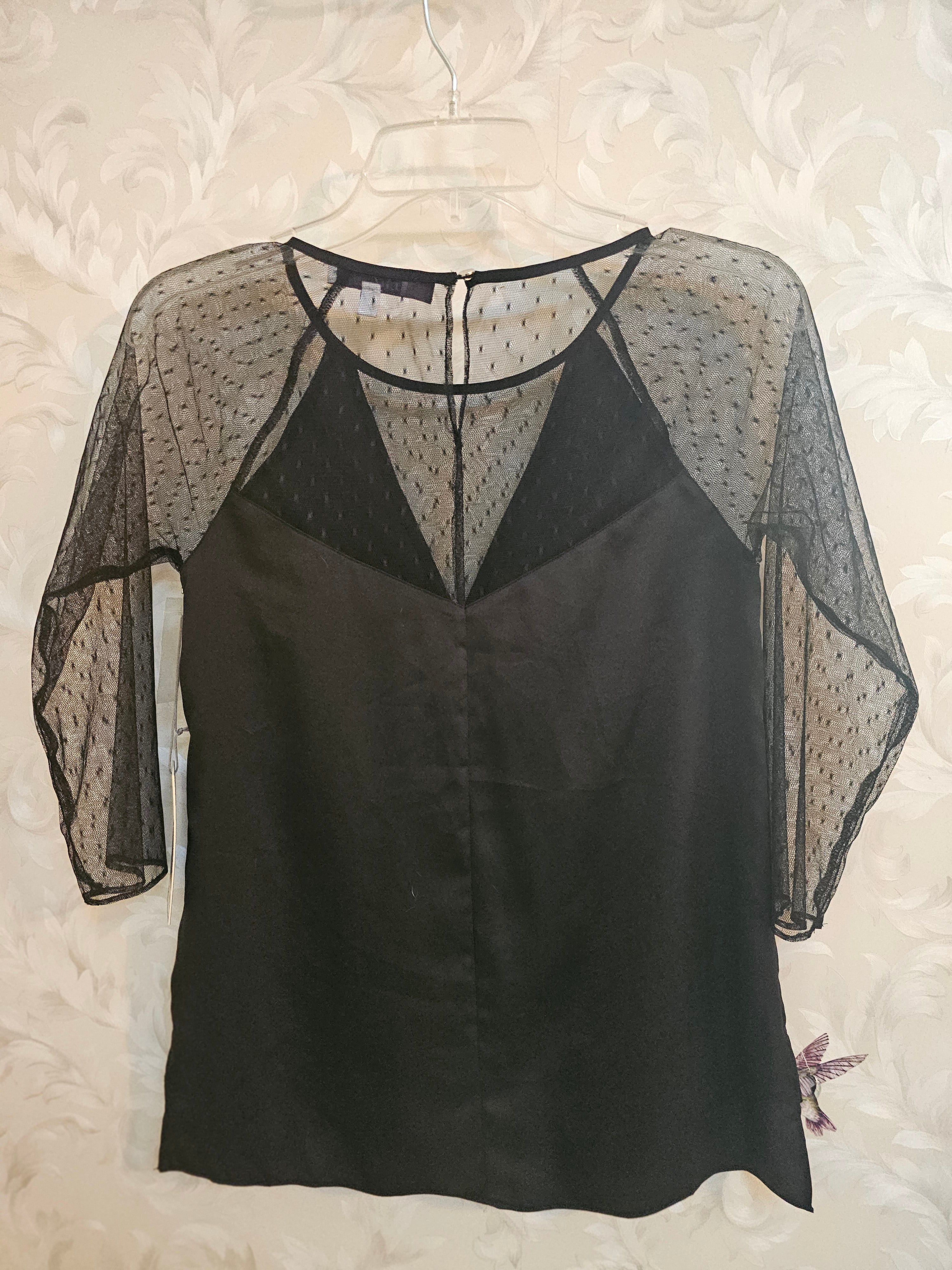 Jennifer Lopez Black Sheer Dot-Sleeve V-Neck Blouse