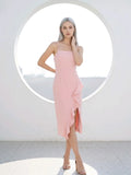 Bardot Blush Pink Ruffle Midi Dress with Spaghetti Straps